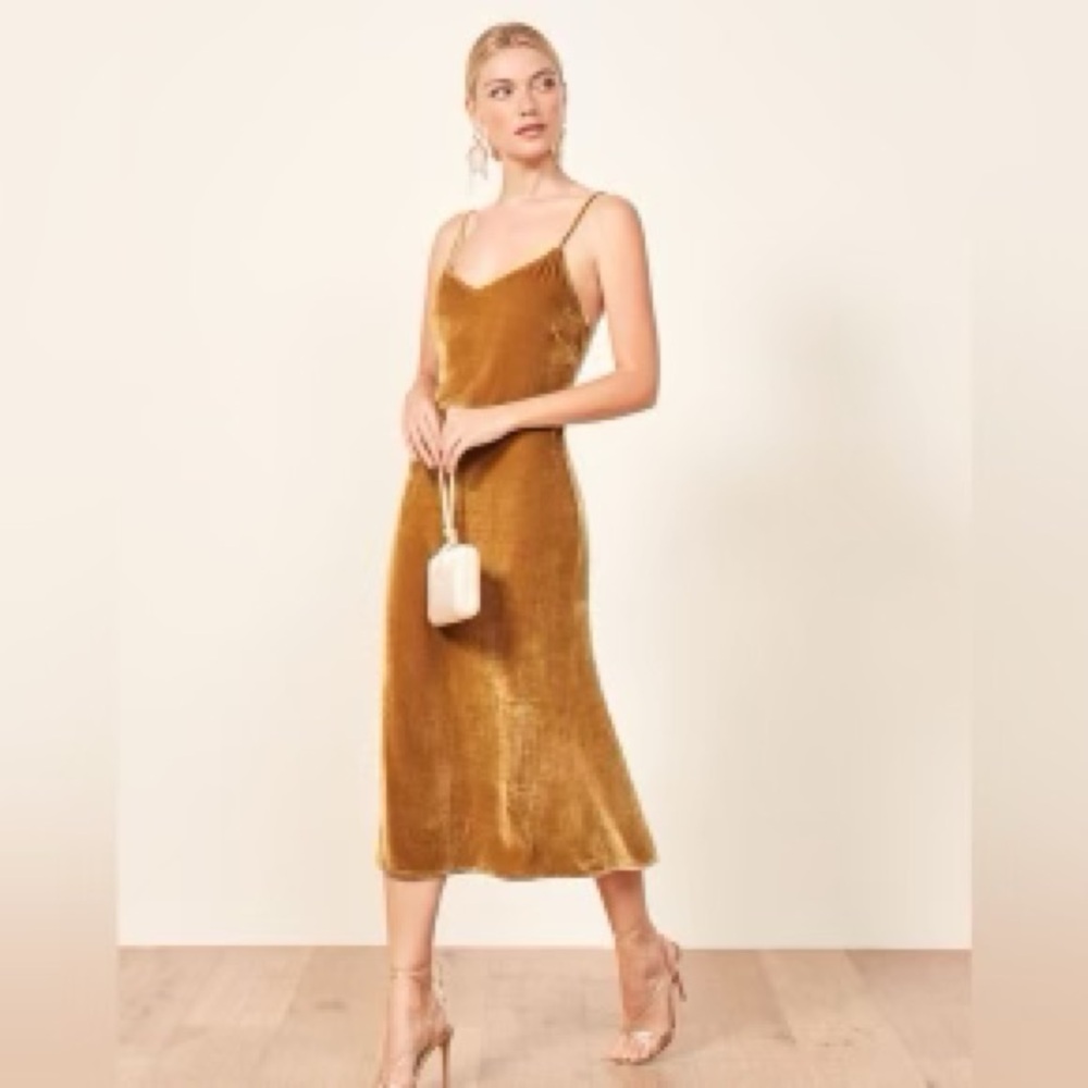 Reformation Gold Velvet Slip Dress